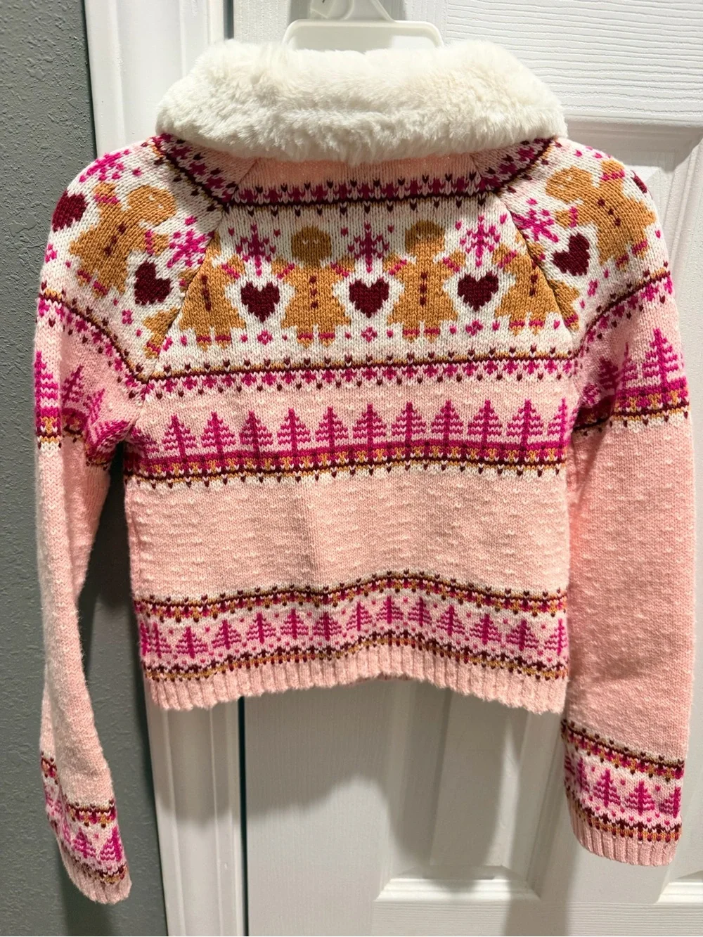 Cynthia Rowley Pink Fair Isle Knit Cardigan with Faux-Fur Collar